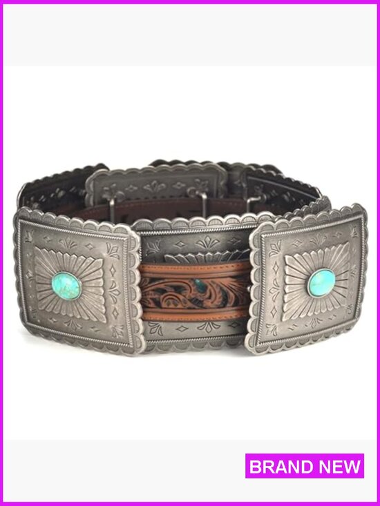 Western Belt with Turquoise Concho Accents Genuine Leather Tooled Embossing main image 7